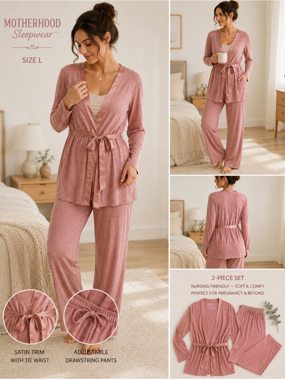 Motherhood Supersoft Pajama Set in Dusty Mauve - Robe & Pants